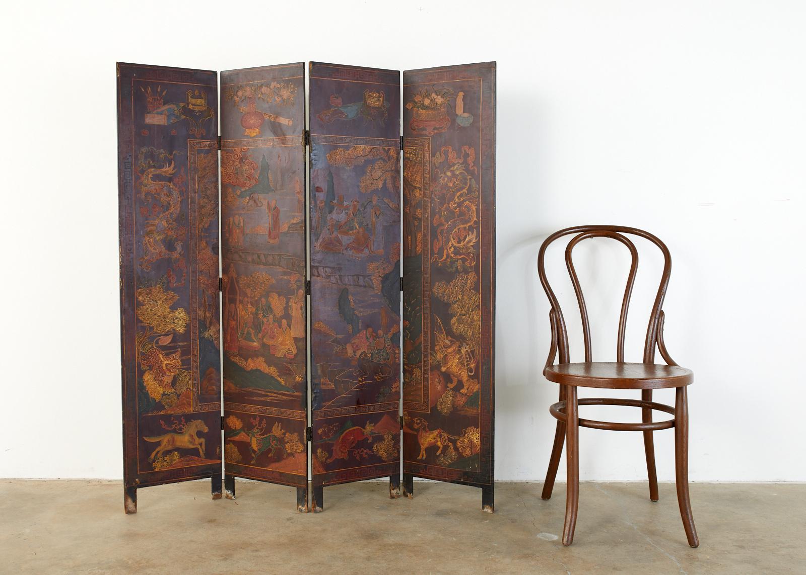 Lacquered Early 20th Century Chinese Qing Four-Panel Coromandel Screen