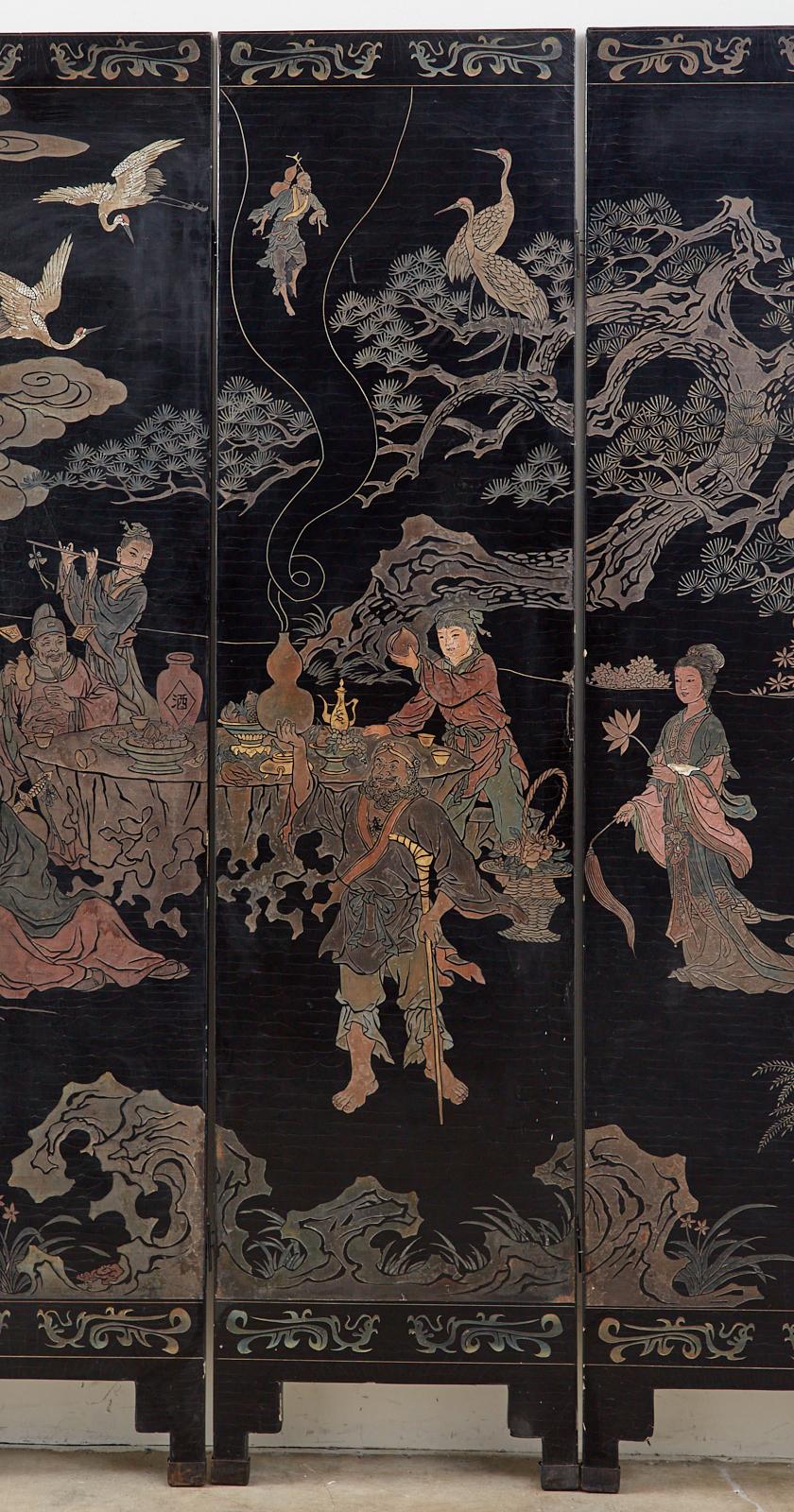 20th Century Chinese Four-Panel Coromandel Screen Immortals 2