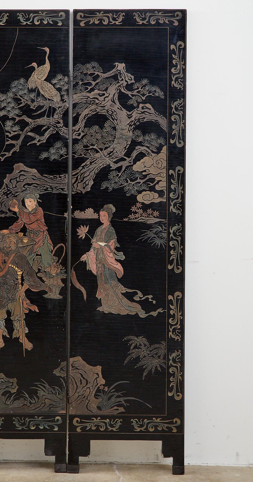 20th Century Chinese Four-Panel Coromandel Screen Immortals 3