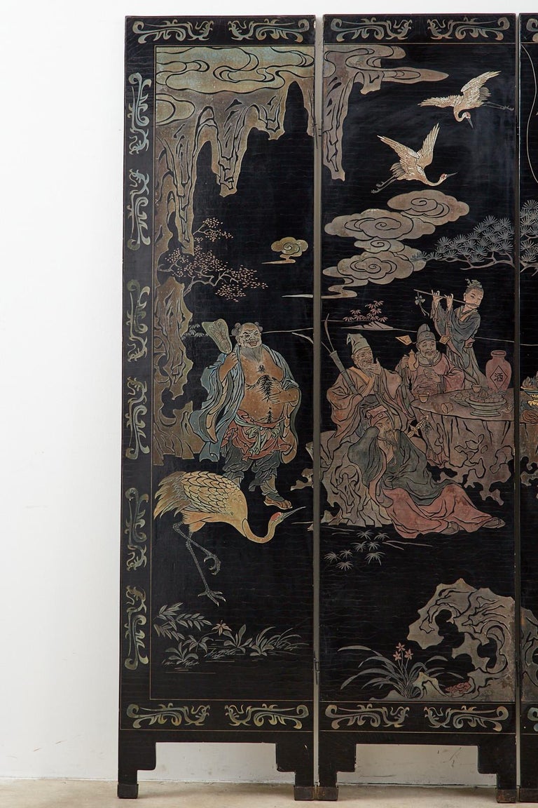 Lacquered 20th Century Chinese Four-Panel Coromandel Screen Immortals For Sale
