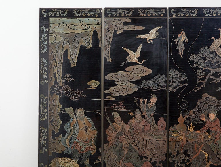 Wood 20th Century Chinese Four-Panel Coromandel Screen Immortals For Sale