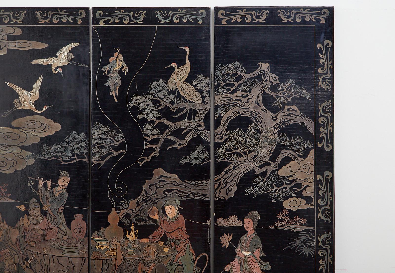 Lacquered 20th Century Chinese Four-Panel Coromandel Screen Immortals