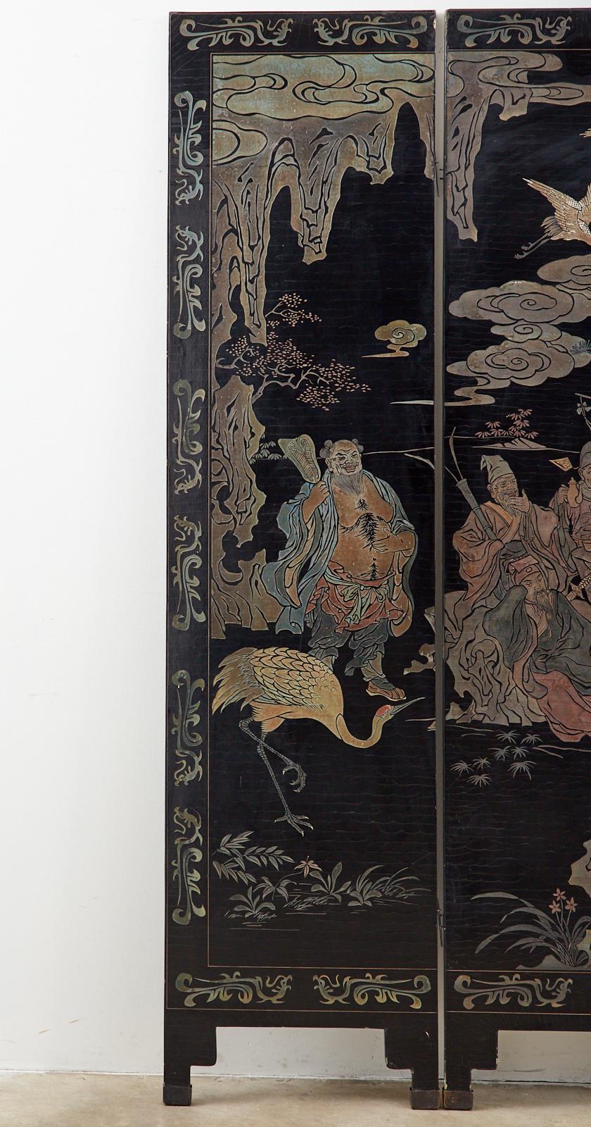 Brass 20th Century Chinese Four-Panel Coromandel Screen Immortals
