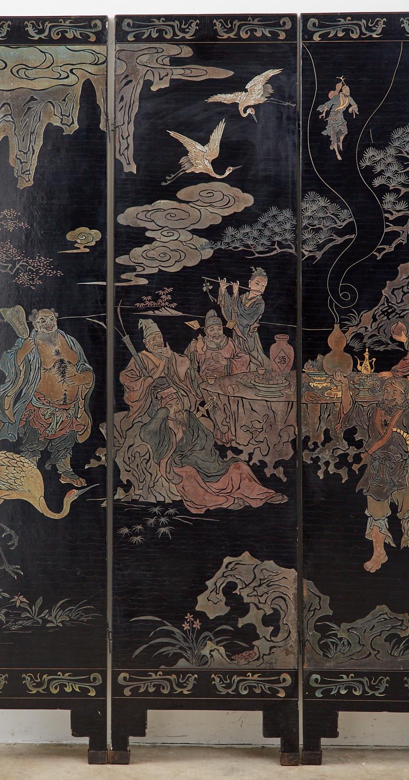20th Century Chinese Four-Panel Coromandel Screen Immortals 1