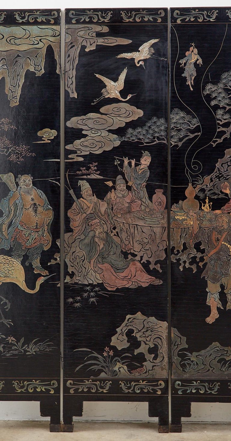 20th Century Chinese Four-Panel Coromandel Screen Immortals For Sale 4
