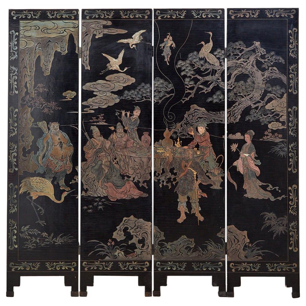 20th Century Chinese Four-Panel Coromandel Screen Immortals