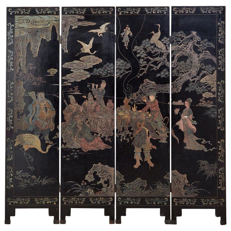 20th Century Chinese Four-Panel Coromandel Screen Immortals For Sale