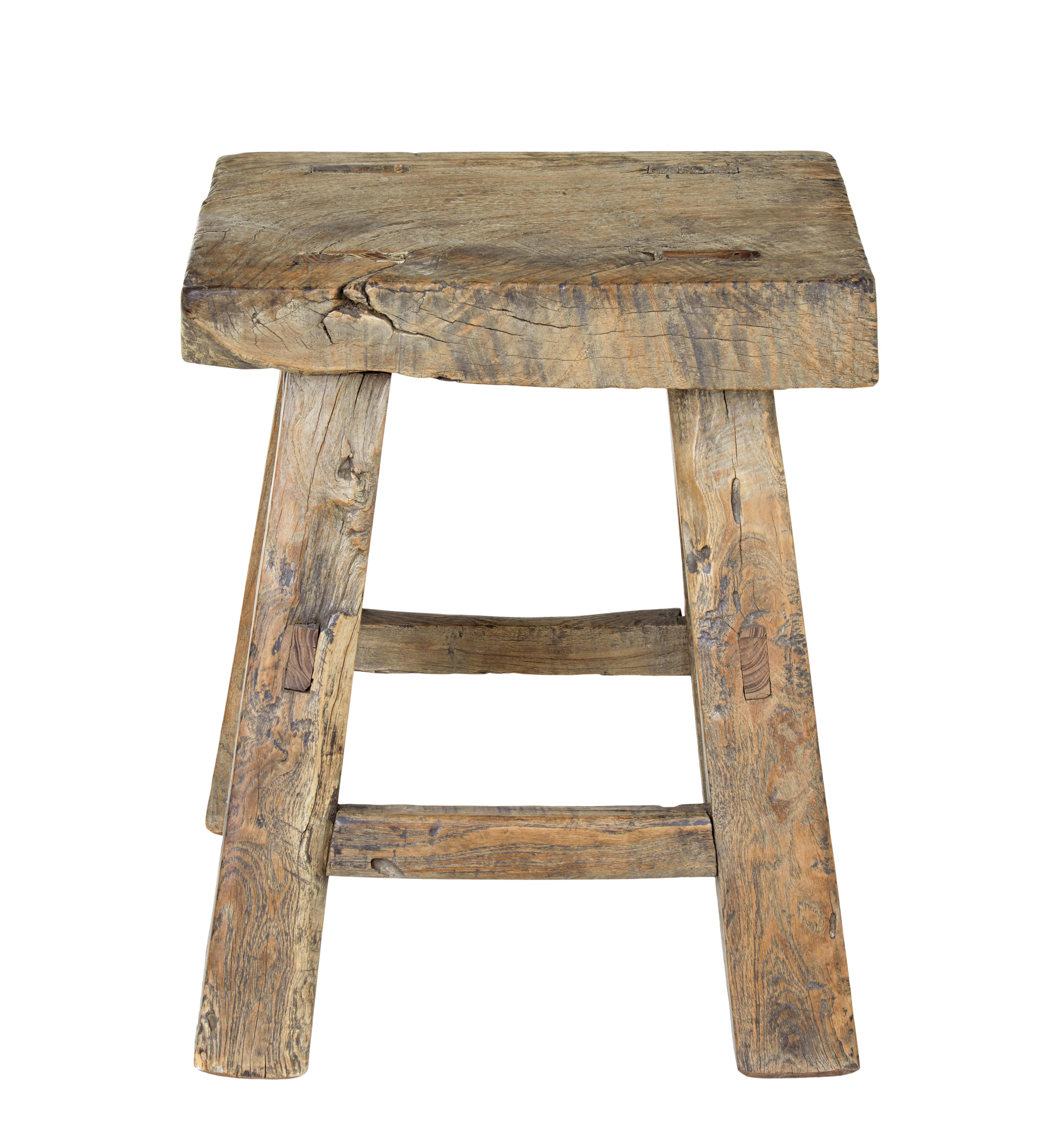 Rustic traditional Chinese elm stool circa 1890.

Made using naive mortise and tenon joints, provide great character for this stool.  Expected age splits and surface marks, structurally sound.

Ideal for use as a stool or as a side table.

Heavy