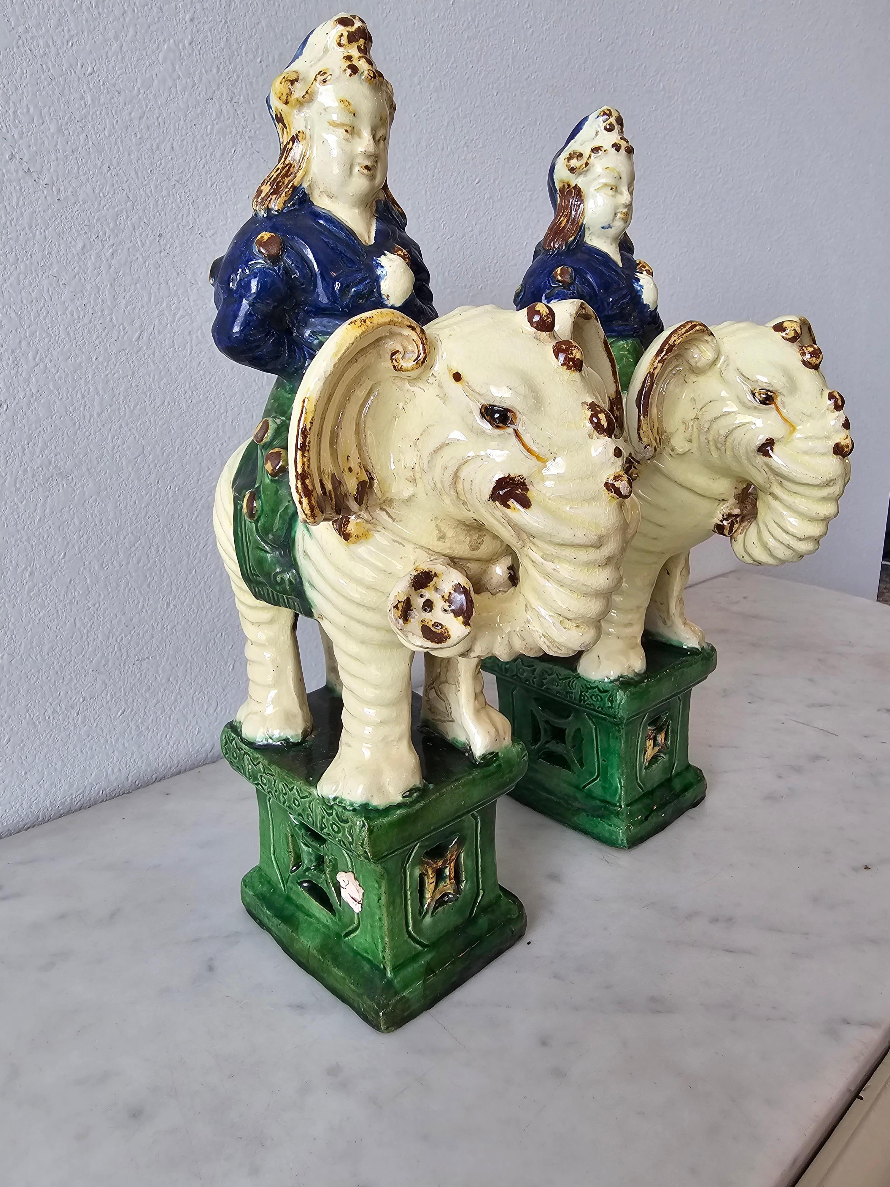 19th Century Chinese Qing Warrior Elephant Glazed Ceramic Incense Burner Pair 10