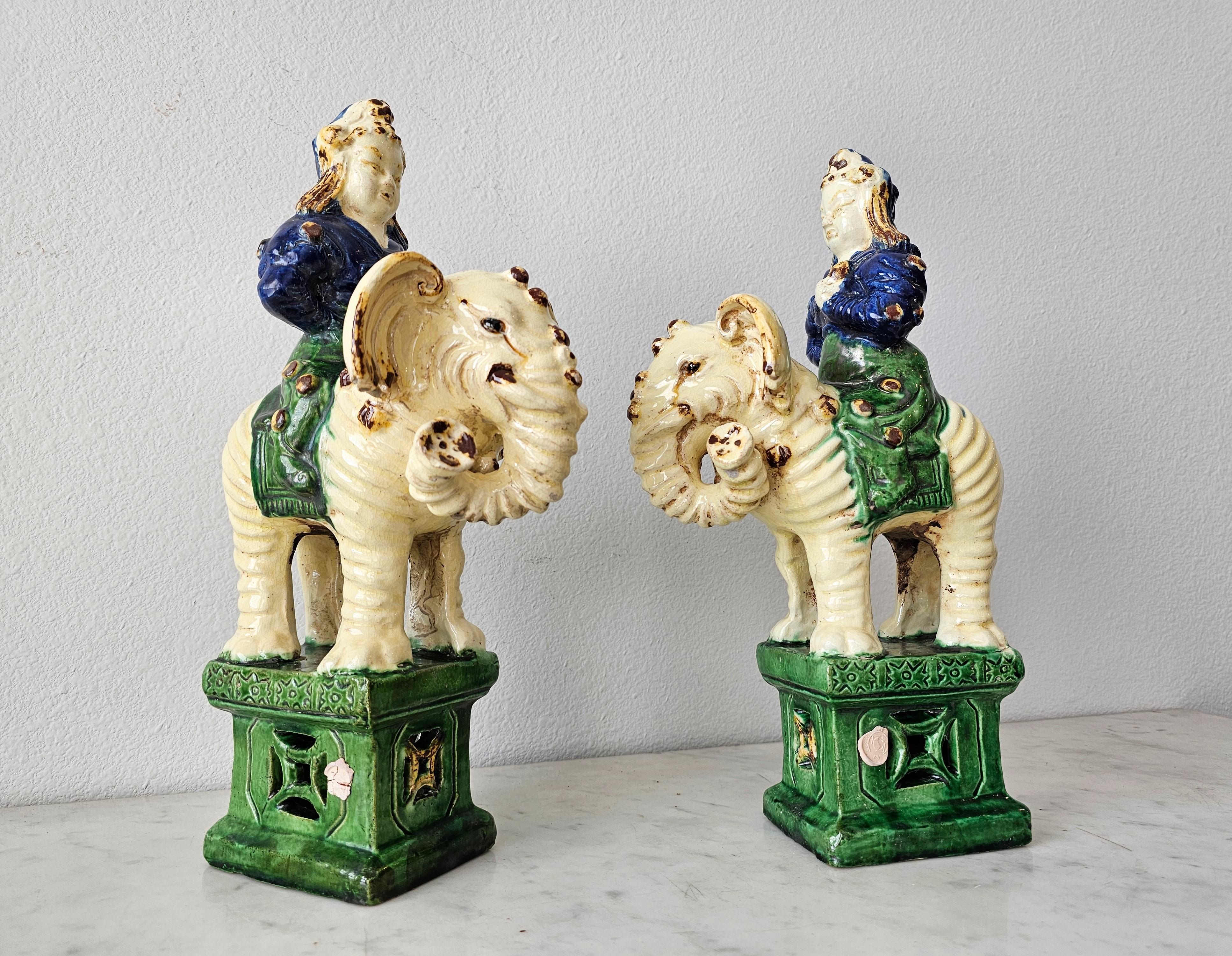 19th Century Chinese Qing Warrior Elephant Glazed Ceramic Incense Burner Pair 14