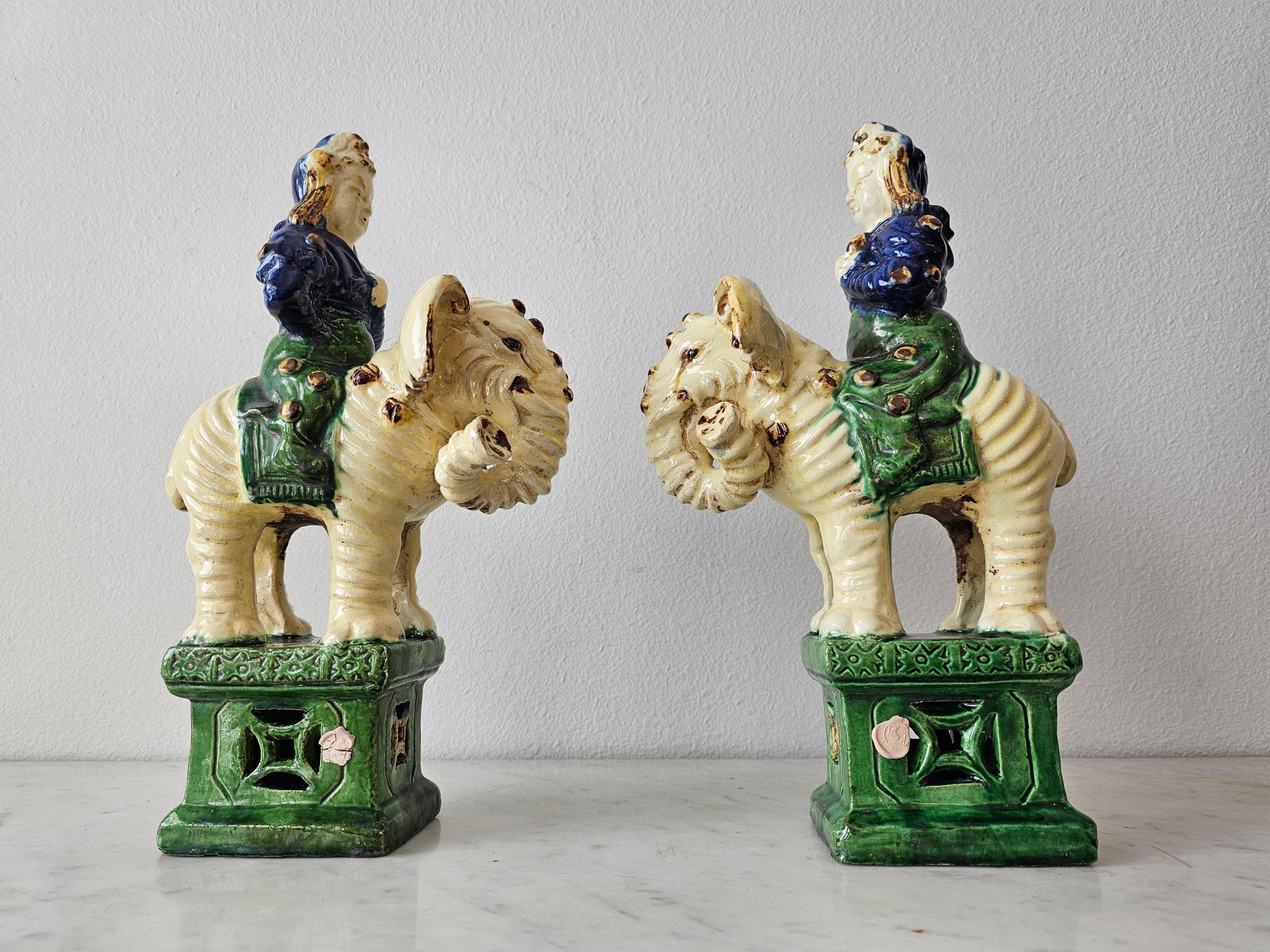 19th Century Chinese Qing Warrior Elephant Glazed Ceramic Incense Burner Pair In Good Condition In Forney, TX