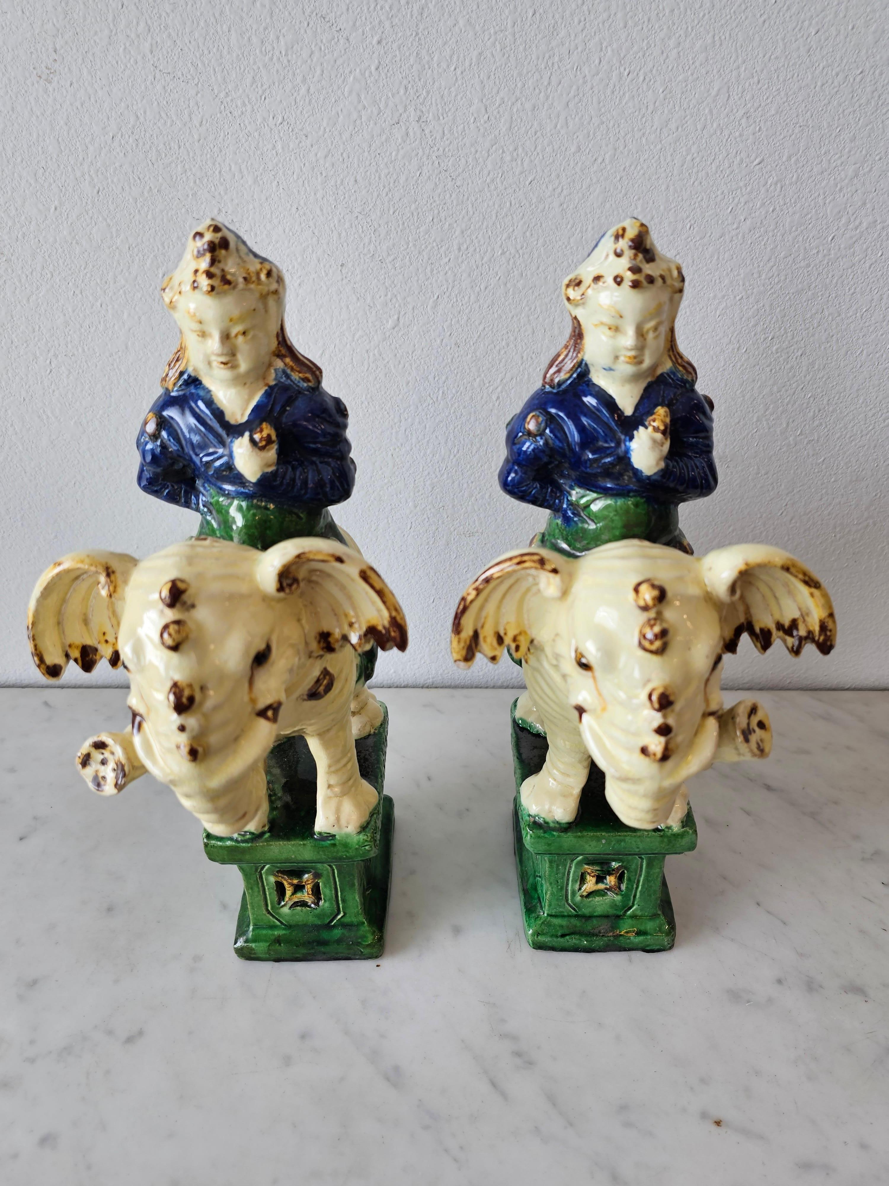 19th Century Chinese Qing Warrior Elephant Glazed Ceramic Incense Burner Pair 1