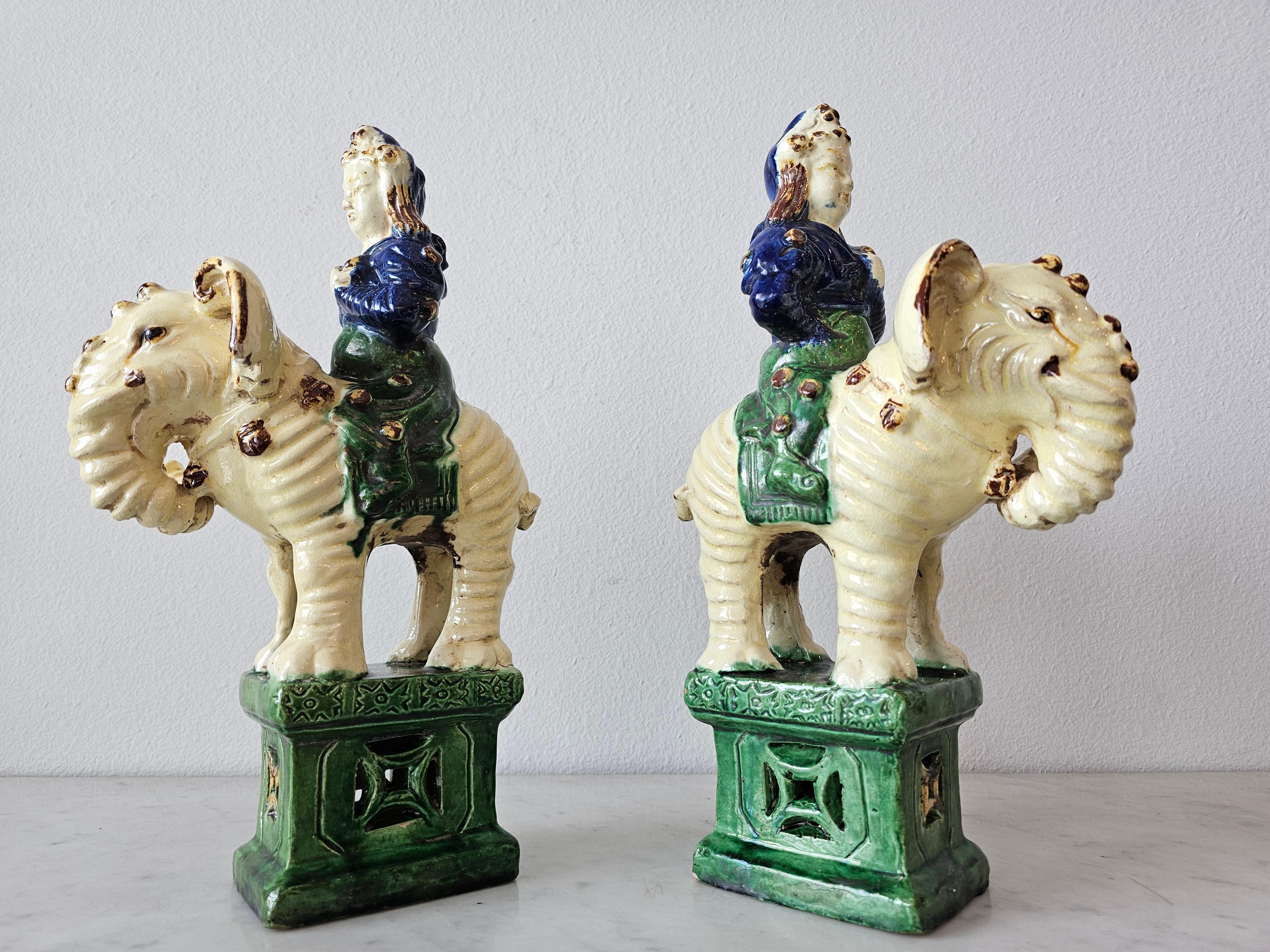 19th Century Chinese Qing Warrior Elephant Glazed Ceramic Incense Burner Pair 2