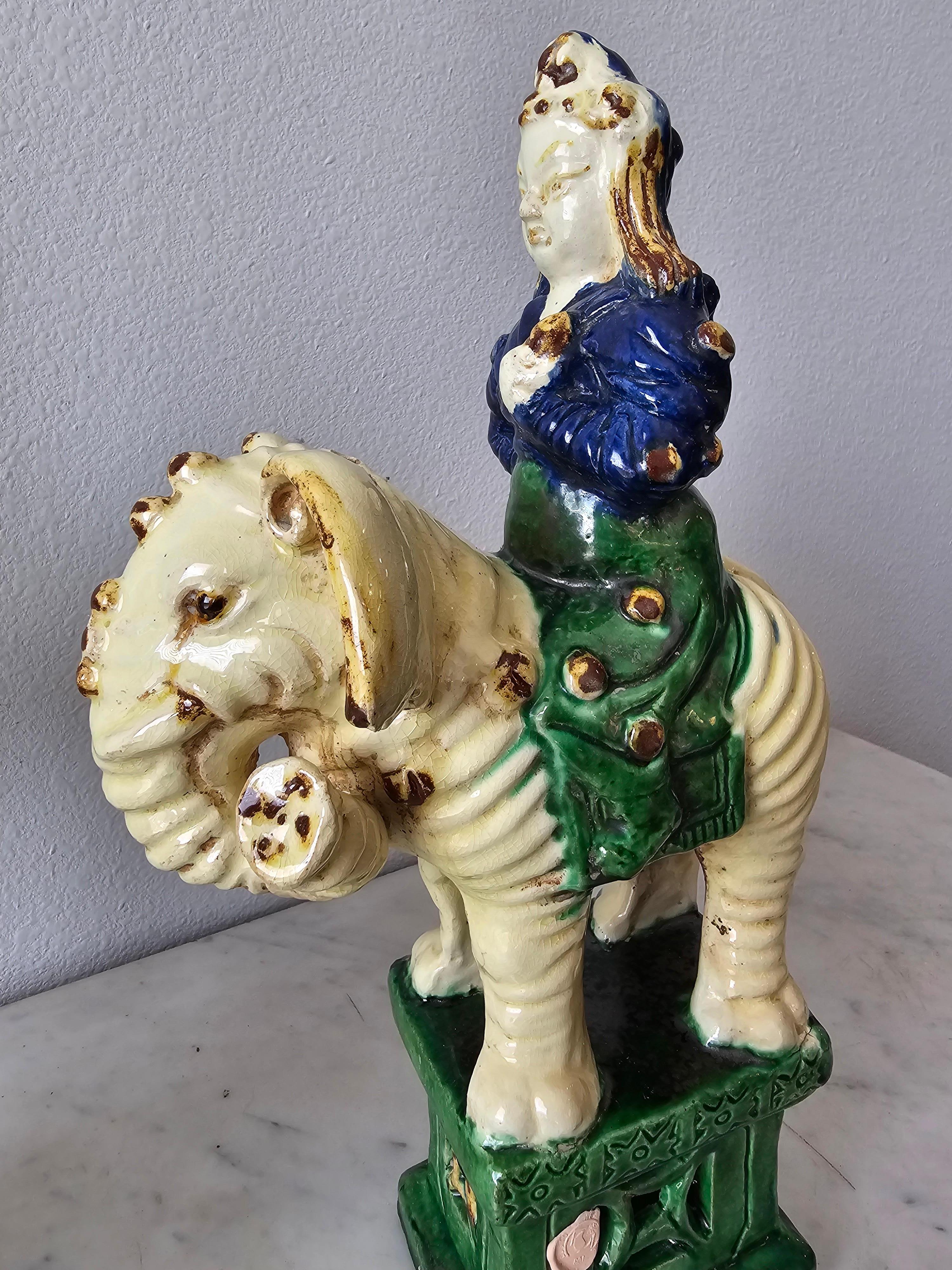 19th Century Chinese Qing Warrior Elephant Glazed Ceramic Incense Burner Pair 3