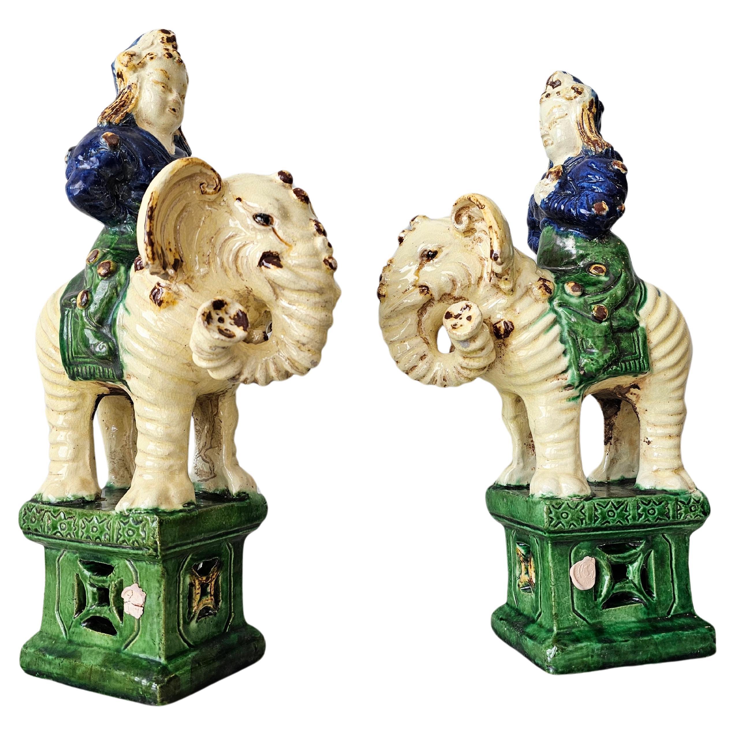 19th Century Chinese Qing Warrior Elephant Glazed Ceramic Incense Burner Pair