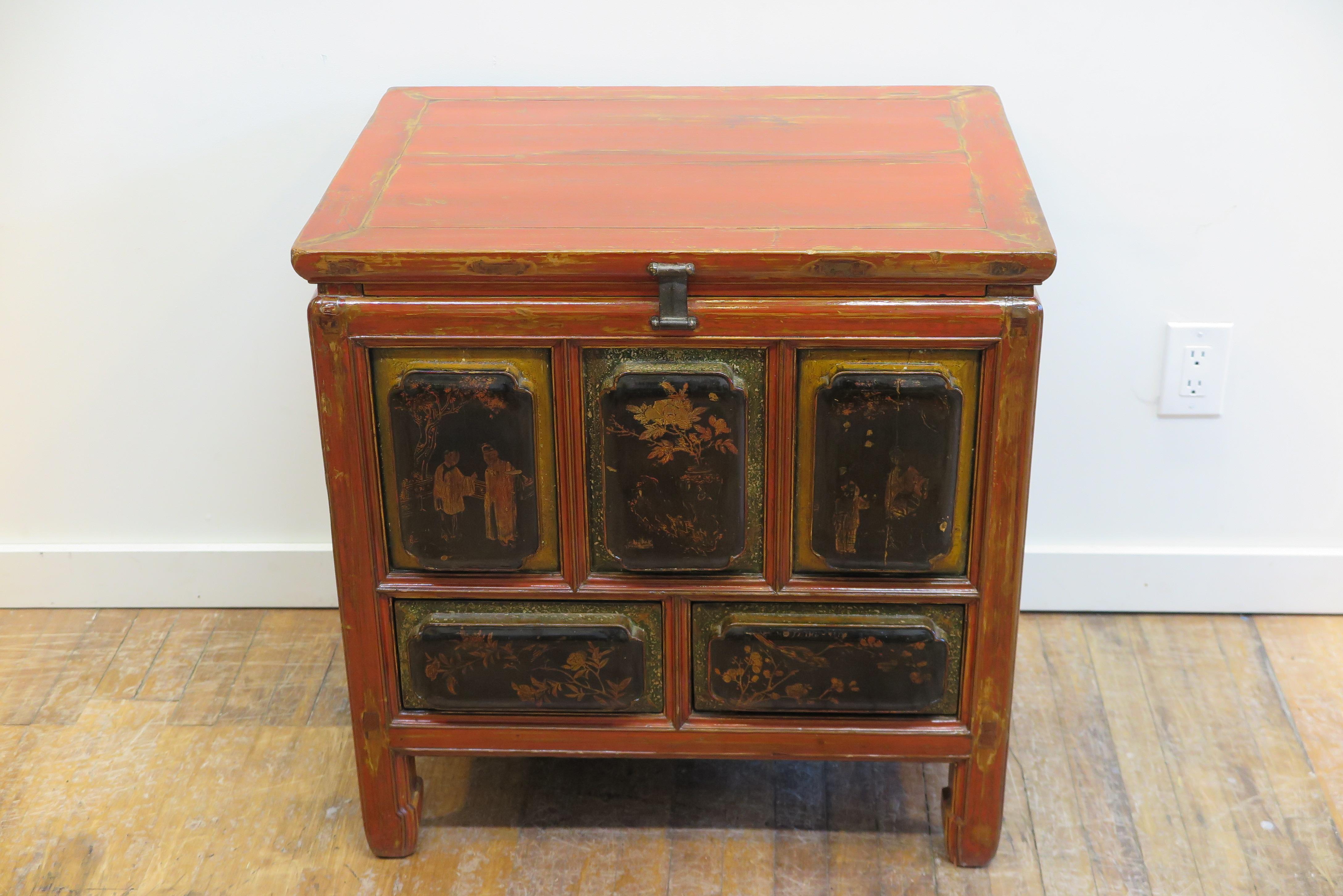 Qing 19th century Chinese Raised Carved Panel Cabinet Chest For Sale