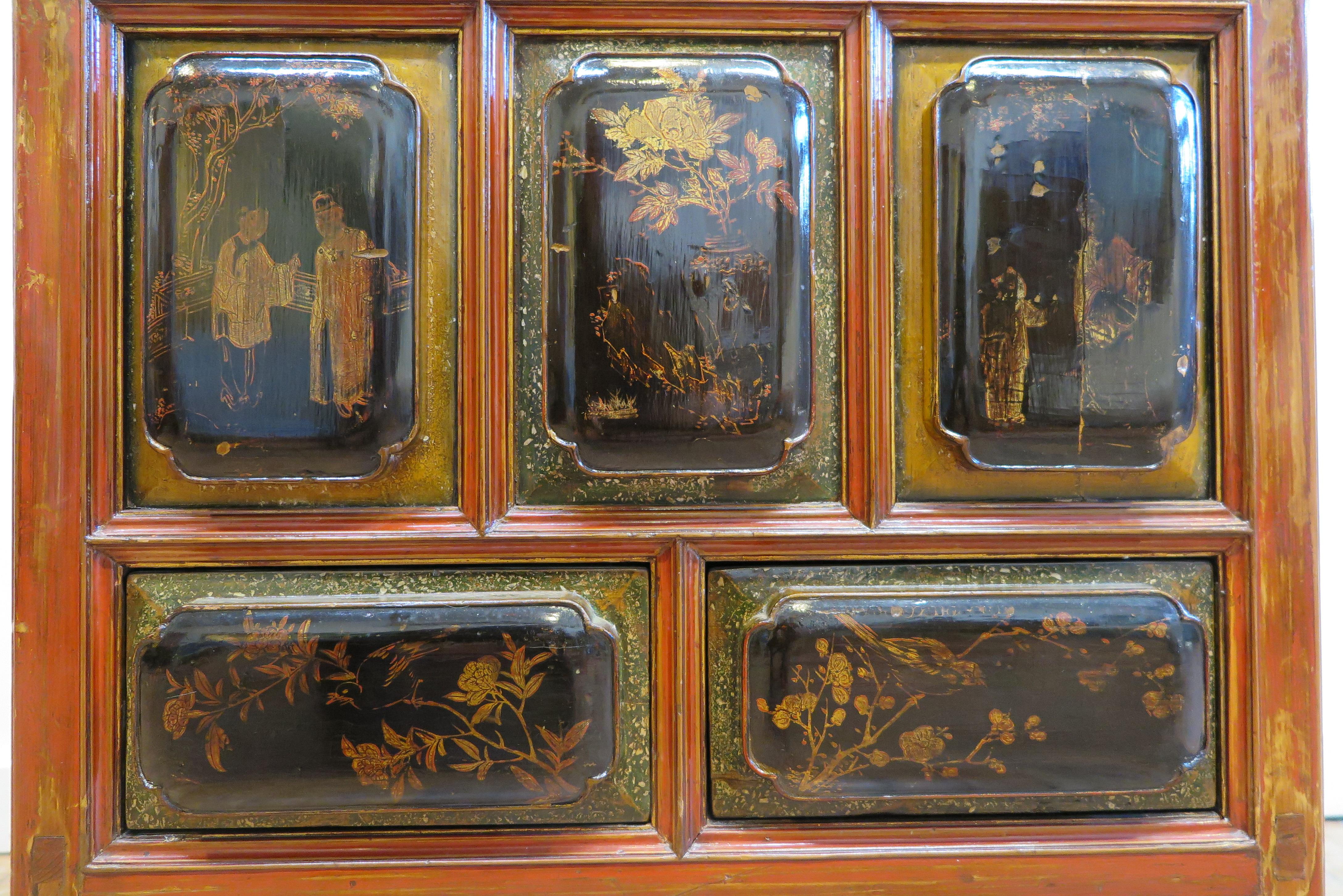 Lacquered 19th century Chinese Raised Carved Panel Cabinet Chest For Sale