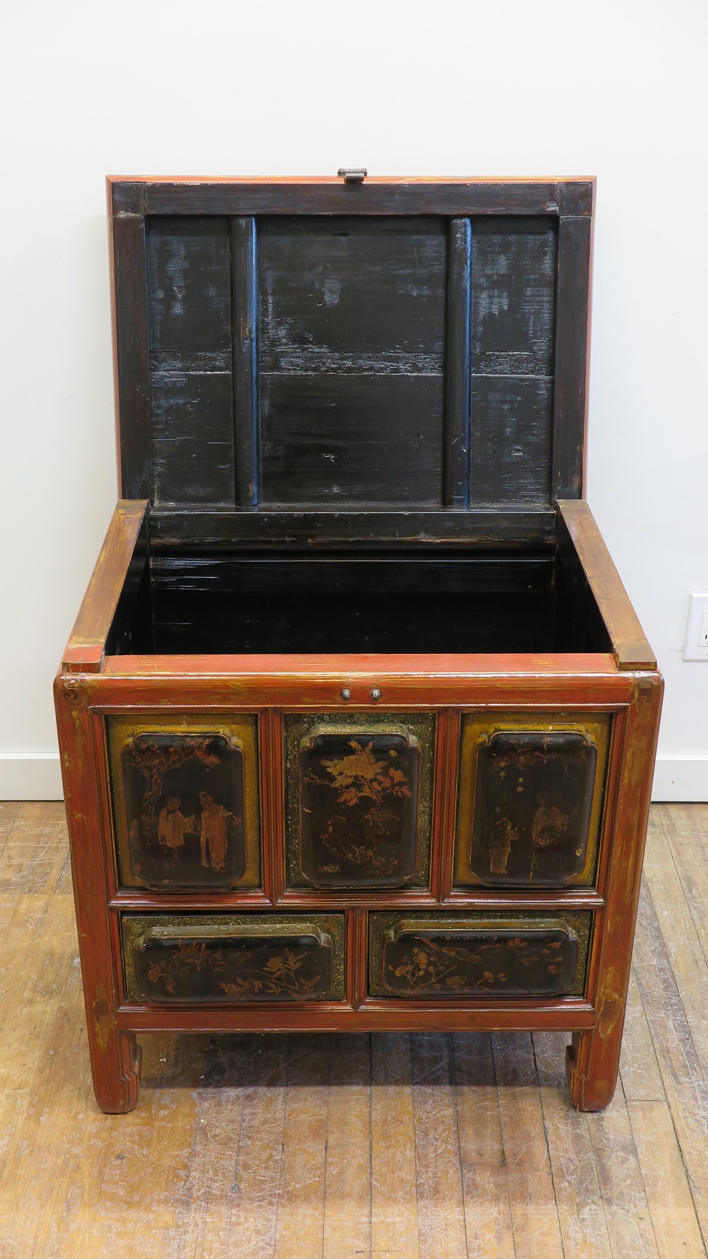 19th century Chinese Raised Carved Panel Cabinet Chest For Sale 1
