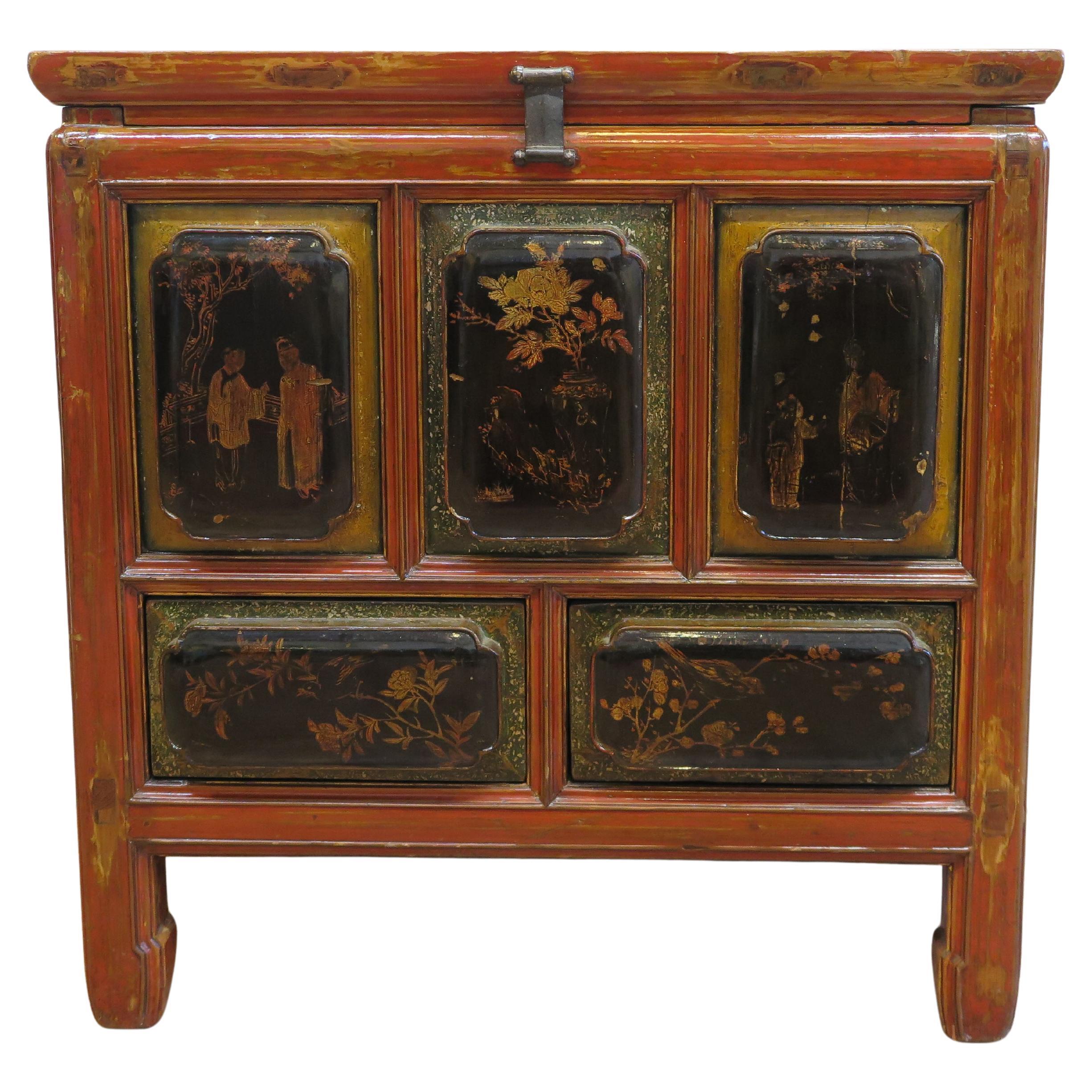 19th century Chinese Raised Carved Panel Cabinet Chest