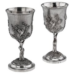 19th Century Chinese Rare Pair Of Export Solid Silver Goblets, Cumshing c.1880