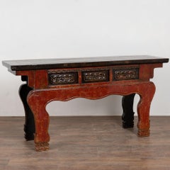 19th Century Chinese Red Altar Console Table with Carved Drawers