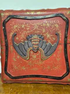 19th Century Chinese Red and Black Lacquered Bat Motif Box with Gilding