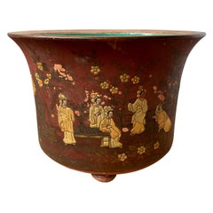 19th Century Chinese Red and Gilt Terracotta Cachepot with Green Interior