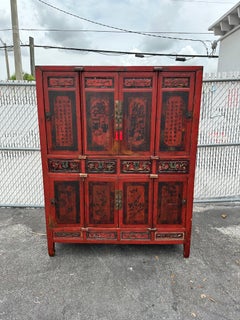 19th Century Chinese Red Hand Painted Wardrobe Storage Cabinet