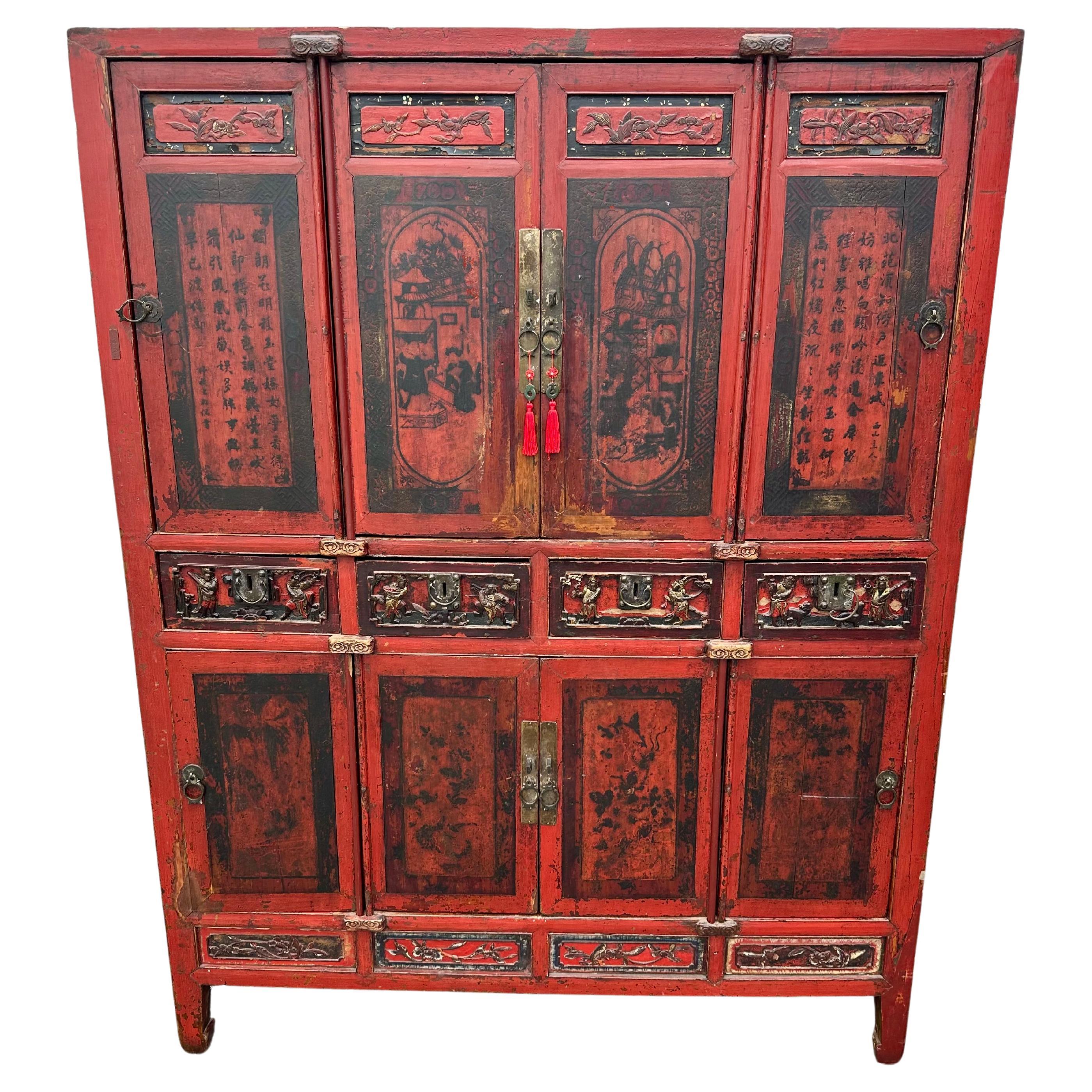 19th Century Chinese Red Hand Painted Wardrobe Storage Cabinet