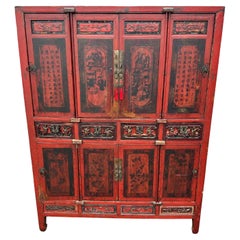19th Century Chinese Red Hand Painted Wardrobe Storage Cabinet