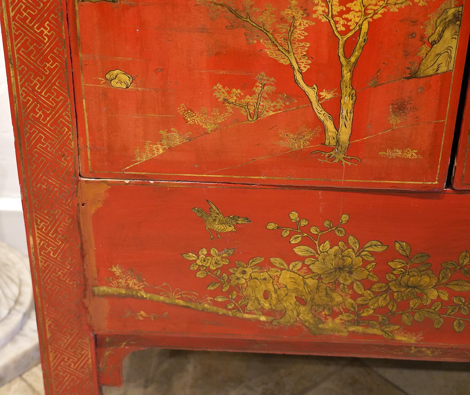 19th Century Chinese Red Lacquer and Gilt Decoration Two Door Wedding Cabinet 2