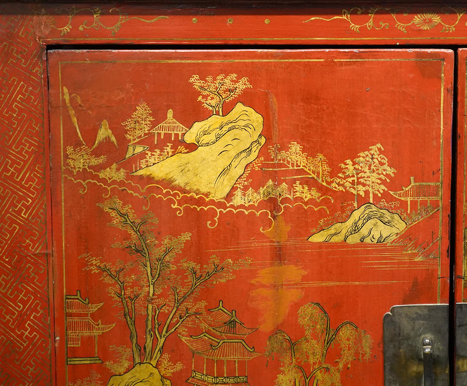 19th Century Chinese Red Lacquer and Gilt Decoration Two Door Wedding Cabinet 3