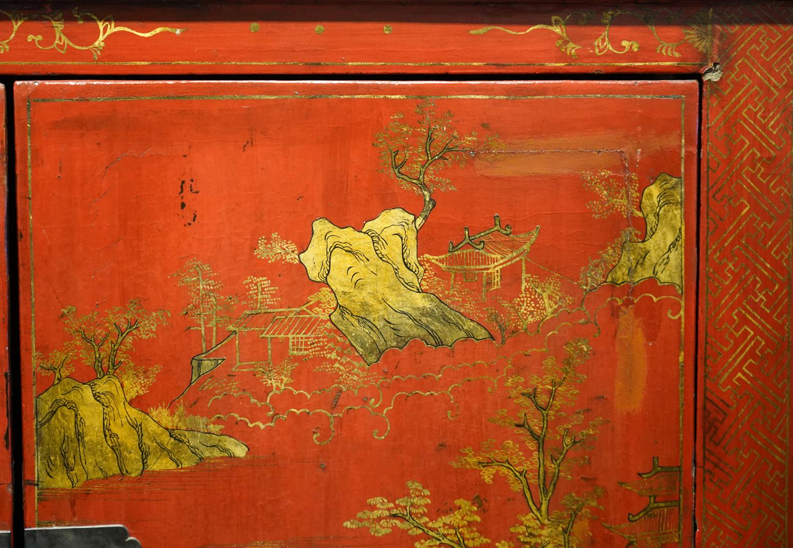 19th Century Chinese Red Lacquer and Gilt Decoration Two Door Wedding Cabinet 4