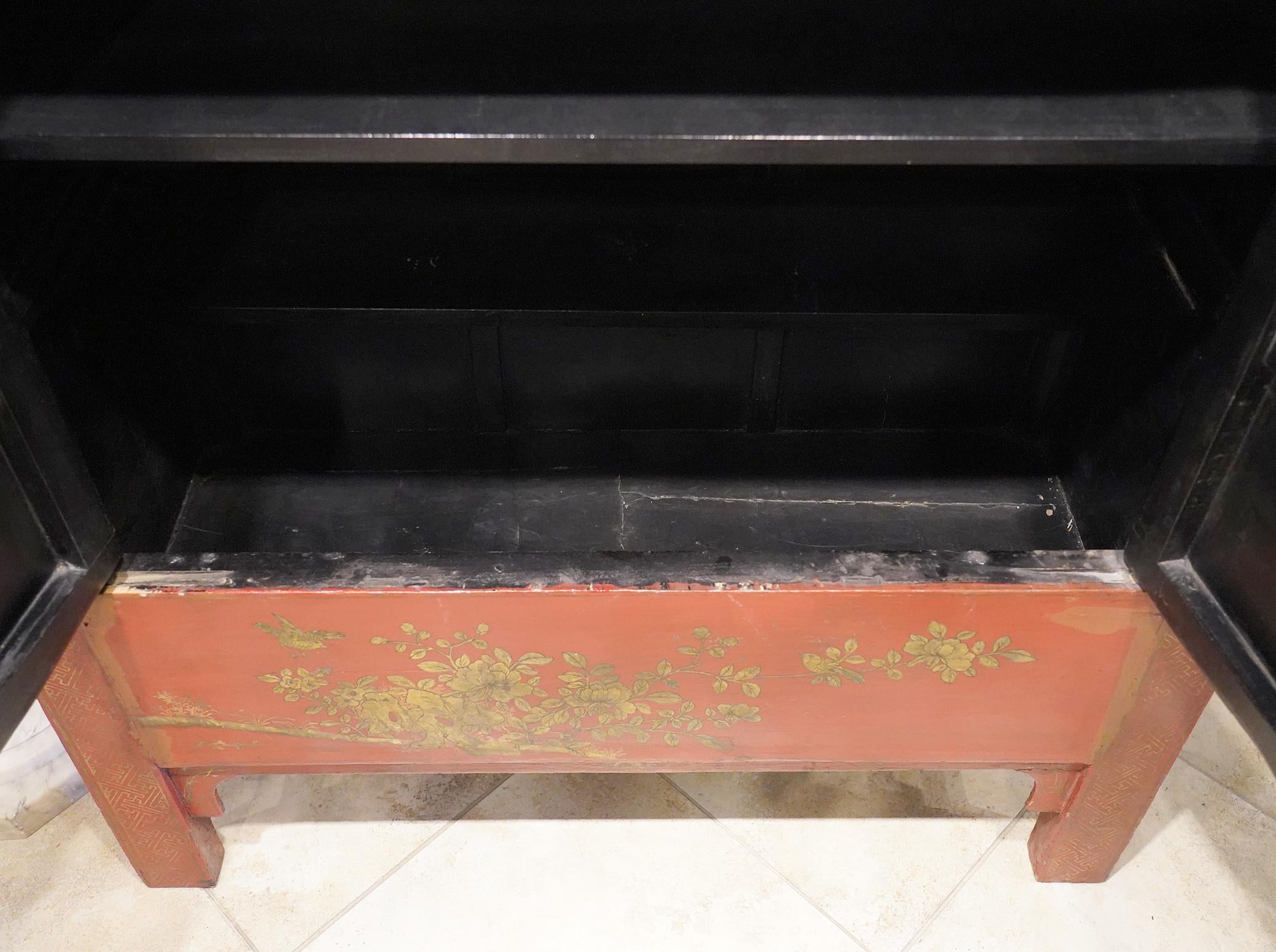 Chinoiserie 19th Century Chinese Red Lacquer and Gilt Decoration Two Door Wedding Cabinet