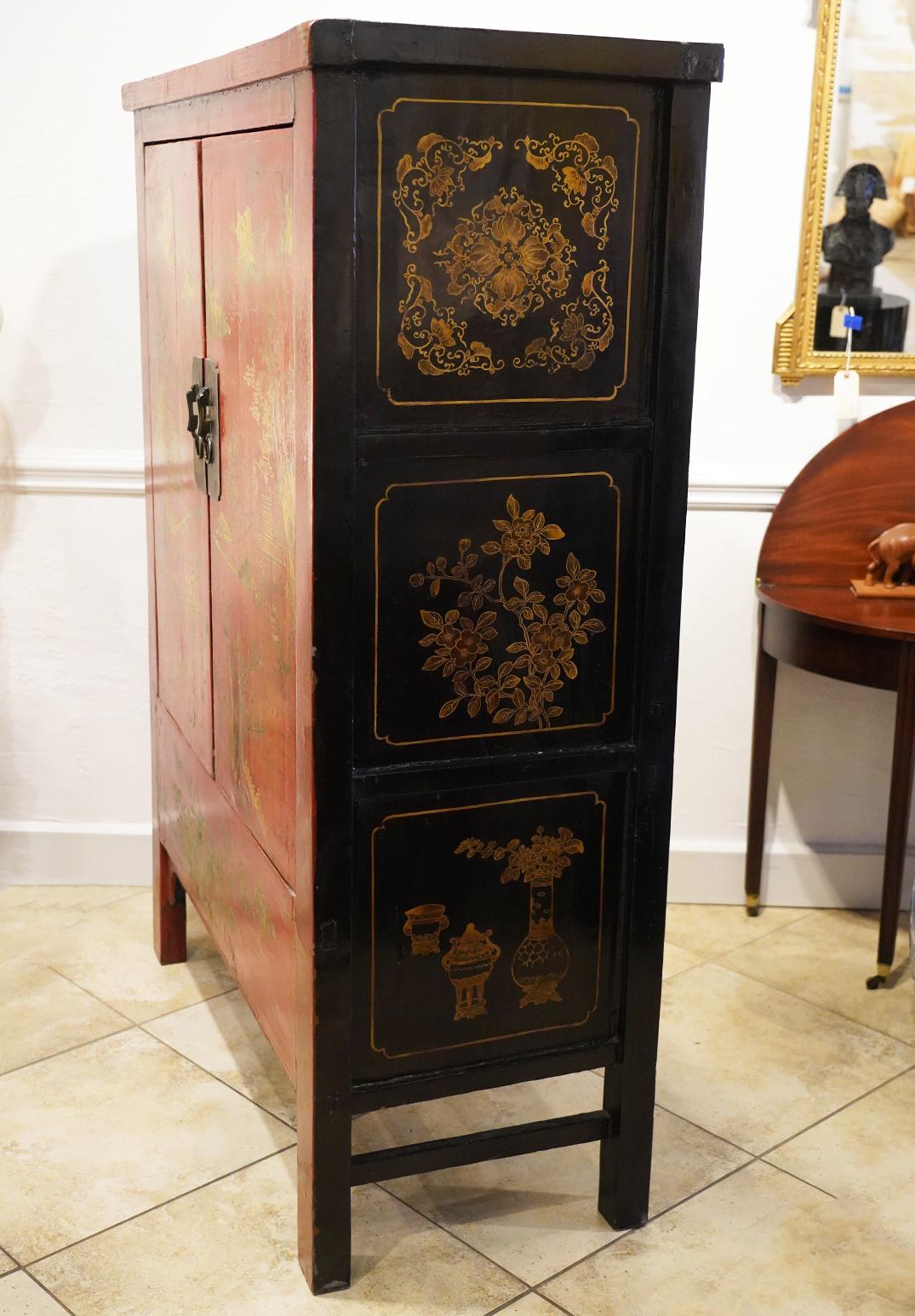 Lacquered 19th Century Chinese Red Lacquer and Gilt Decoration Two Door Wedding Cabinet