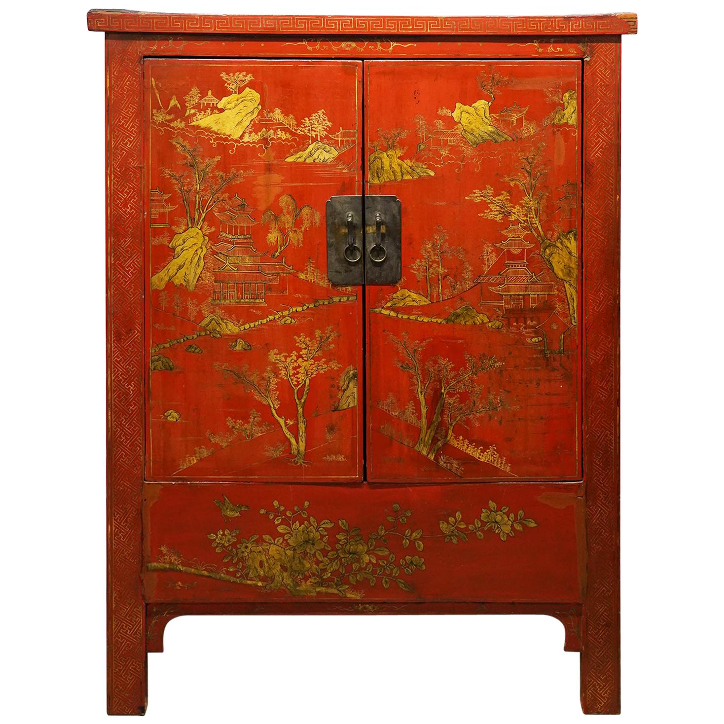 19th Century Chinese Red Lacquer and Gilt Decoration Two Door Wedding Cabinet