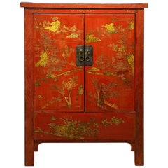 Antique 19th Century Chinese Red Lacquer and Gilt Decoration Two Door Wedding Cabinet