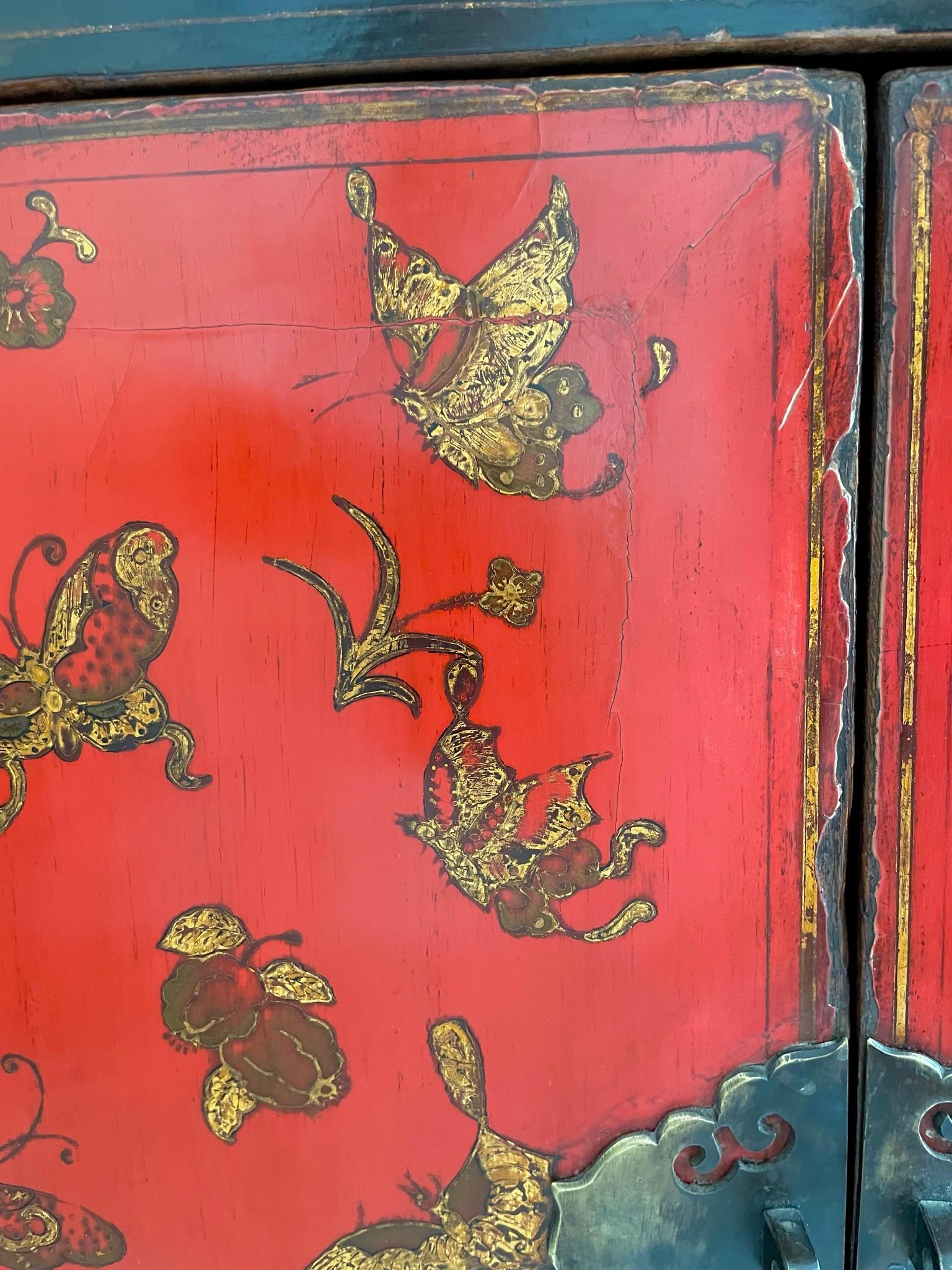 Elm 19th Century Chinese Red Lacquer Cabinet with Gilded Butterflies For Sale