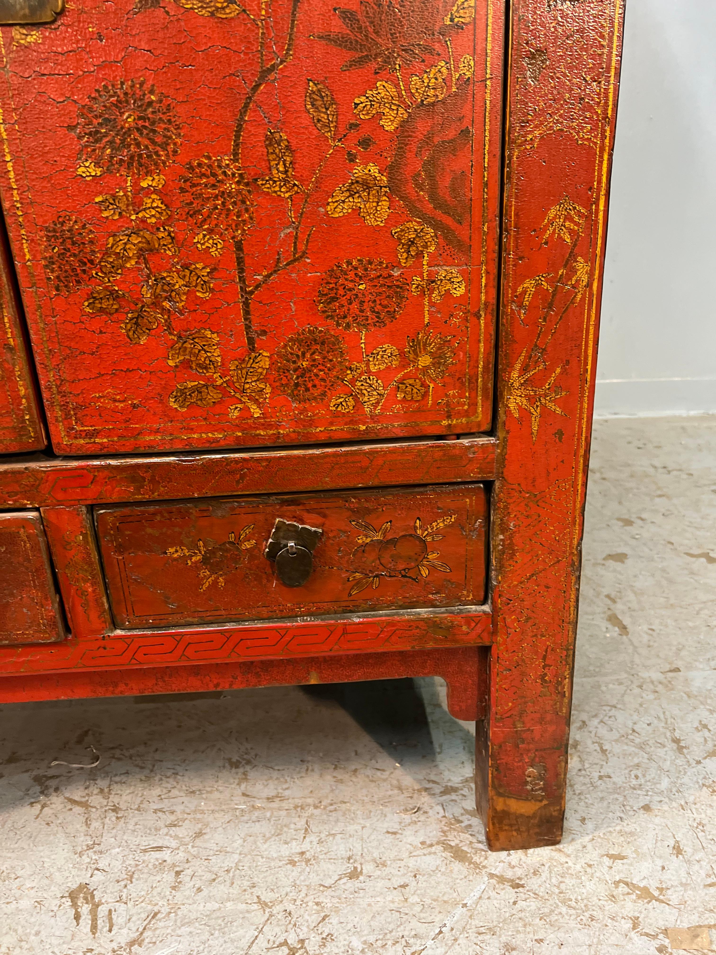 Bronze 19th Century Chinese Red Lacquer Cabinet with Gilt Decoration For Sale