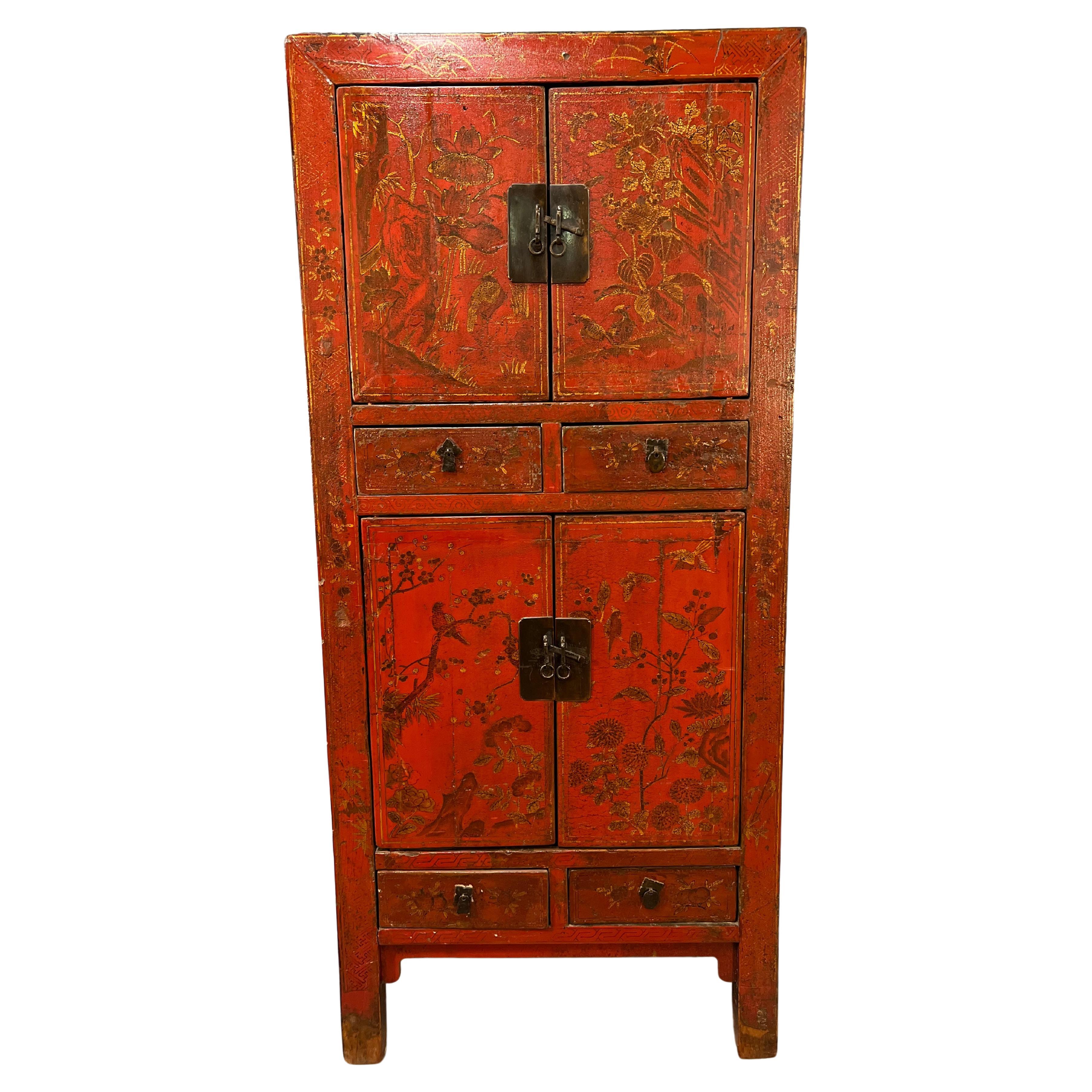 19th Century Chinese Red Lacquer Cabinet with Gilt Decoration