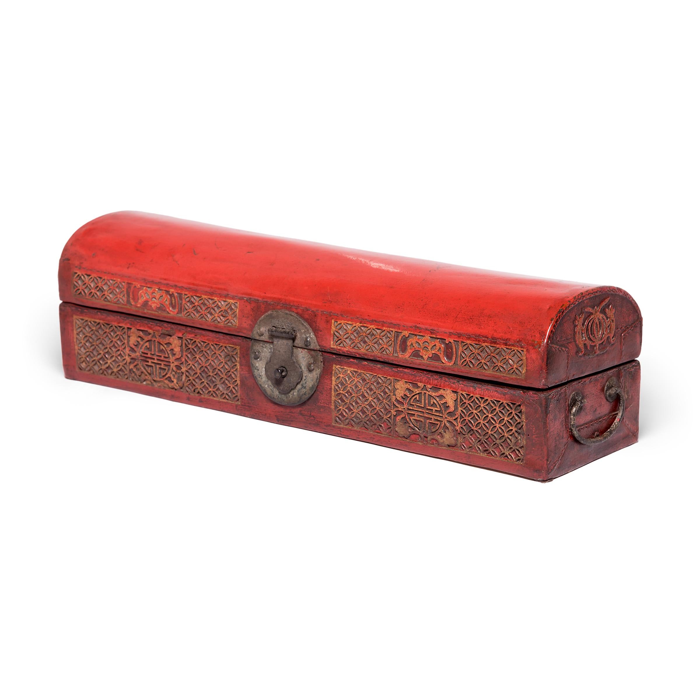 Beautifully proportioned and vibrantly colored, this early 20th-century document box likely once sat on the writing desk of a prominent Qing-dynasty scholar. The perfect size for a rolled-up scroll, the box was used to store and protect his works of