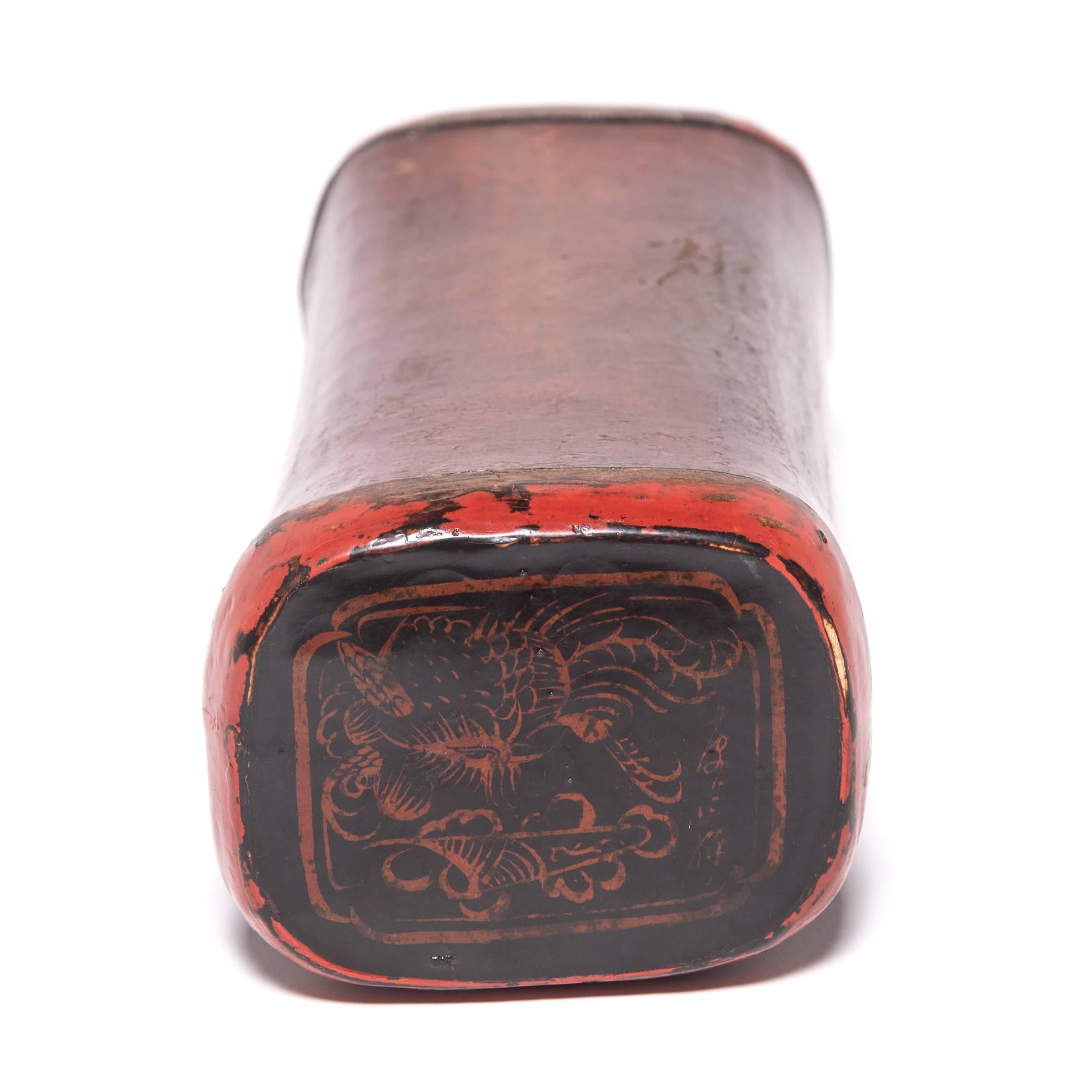 19th Century Chinese Red Lacquer Hide Headrest In Good Condition In Chicago, IL