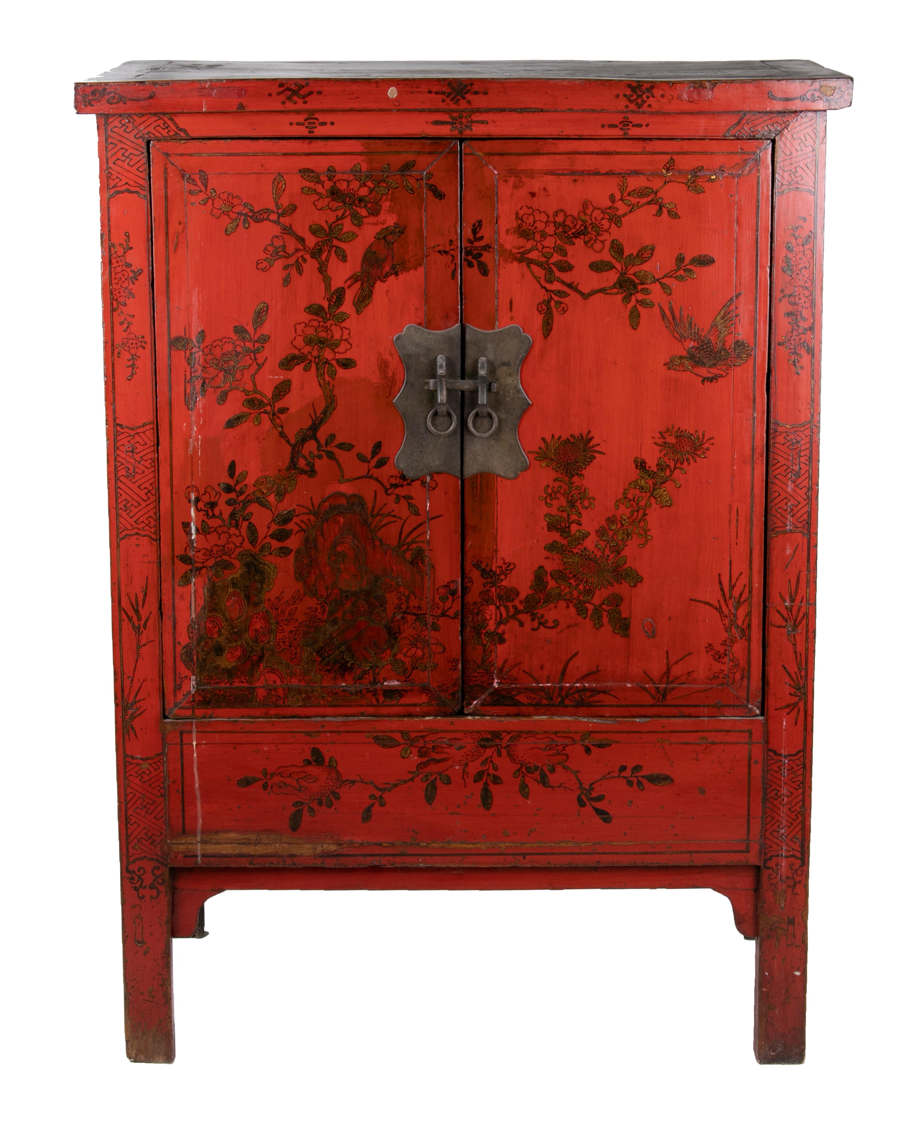 19th century Chinese red lacquer two-door wedding cabinet decorated with hand drawn vegetable motifs and fitted with bronze lock.

 