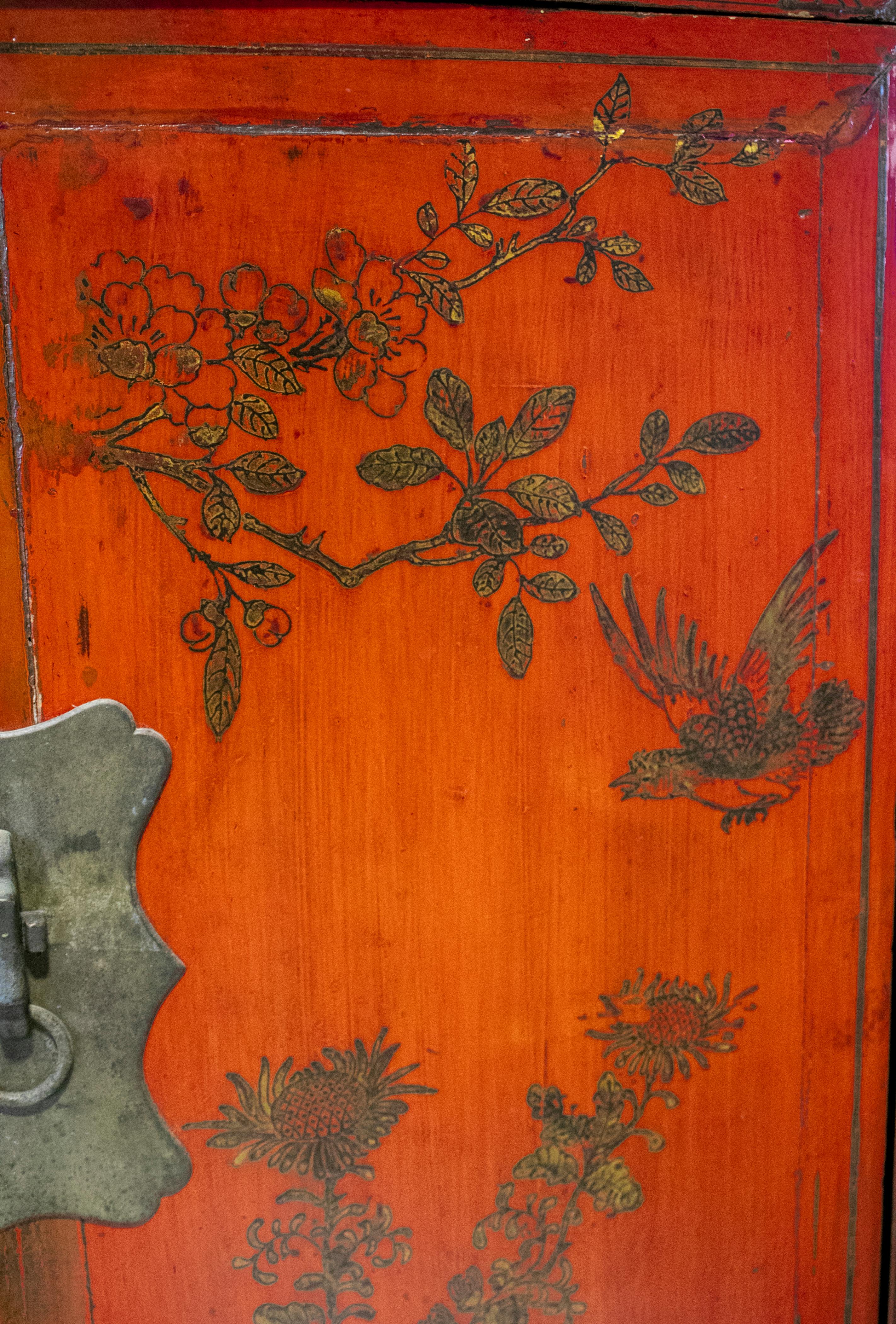 Hand-Crafted 19th Century Chinese Red Lacquer Painted Two-Door Wedding Cabinet For Sale