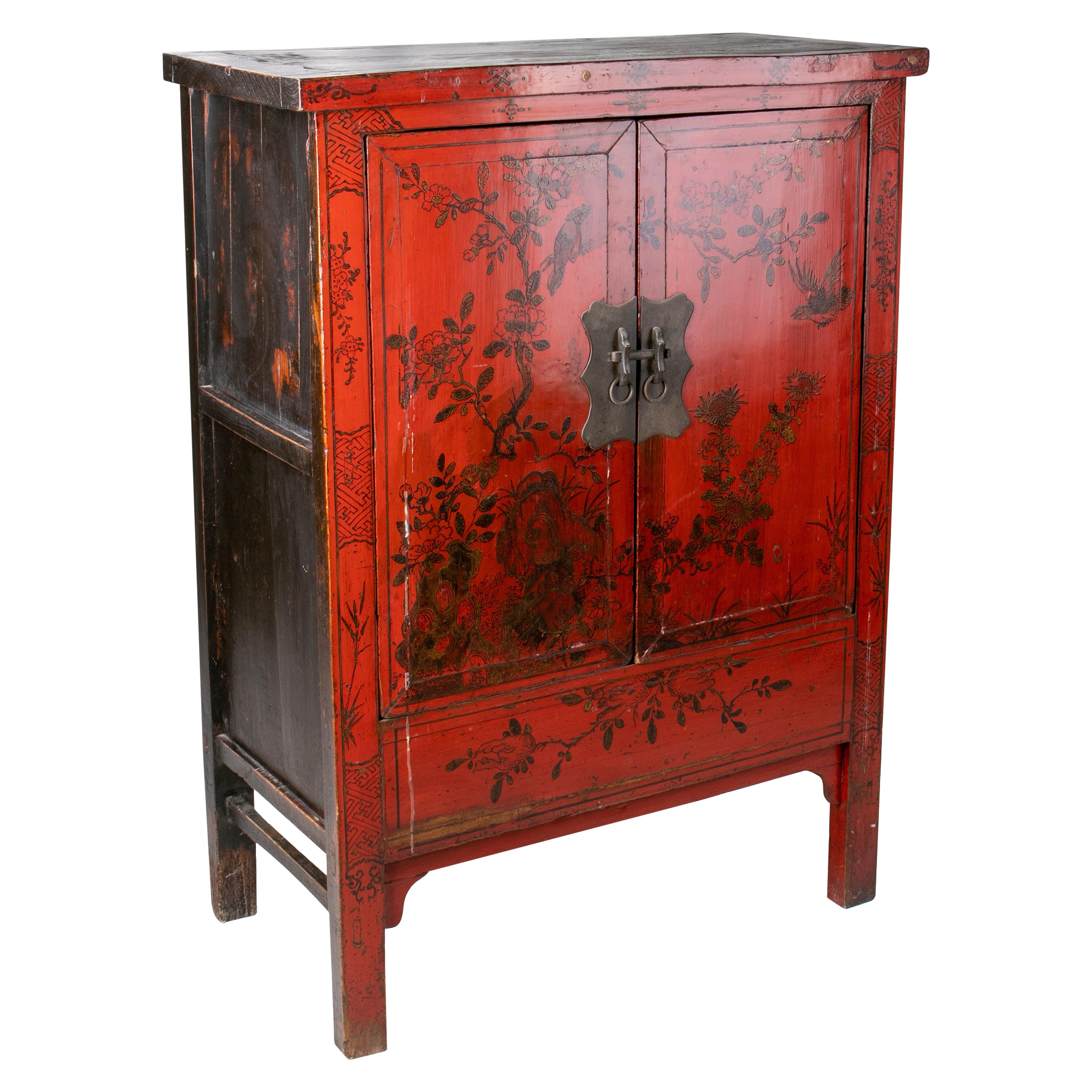 19th Century Chinese Red Lacquer Painted Two-Door Wedding Cabinet For Sale