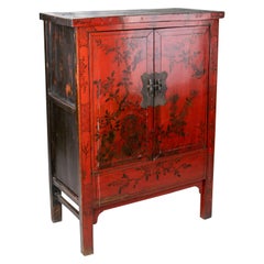 Antique 19th Century Chinese Red Lacquer Painted Two-Door Wedding Cabinet