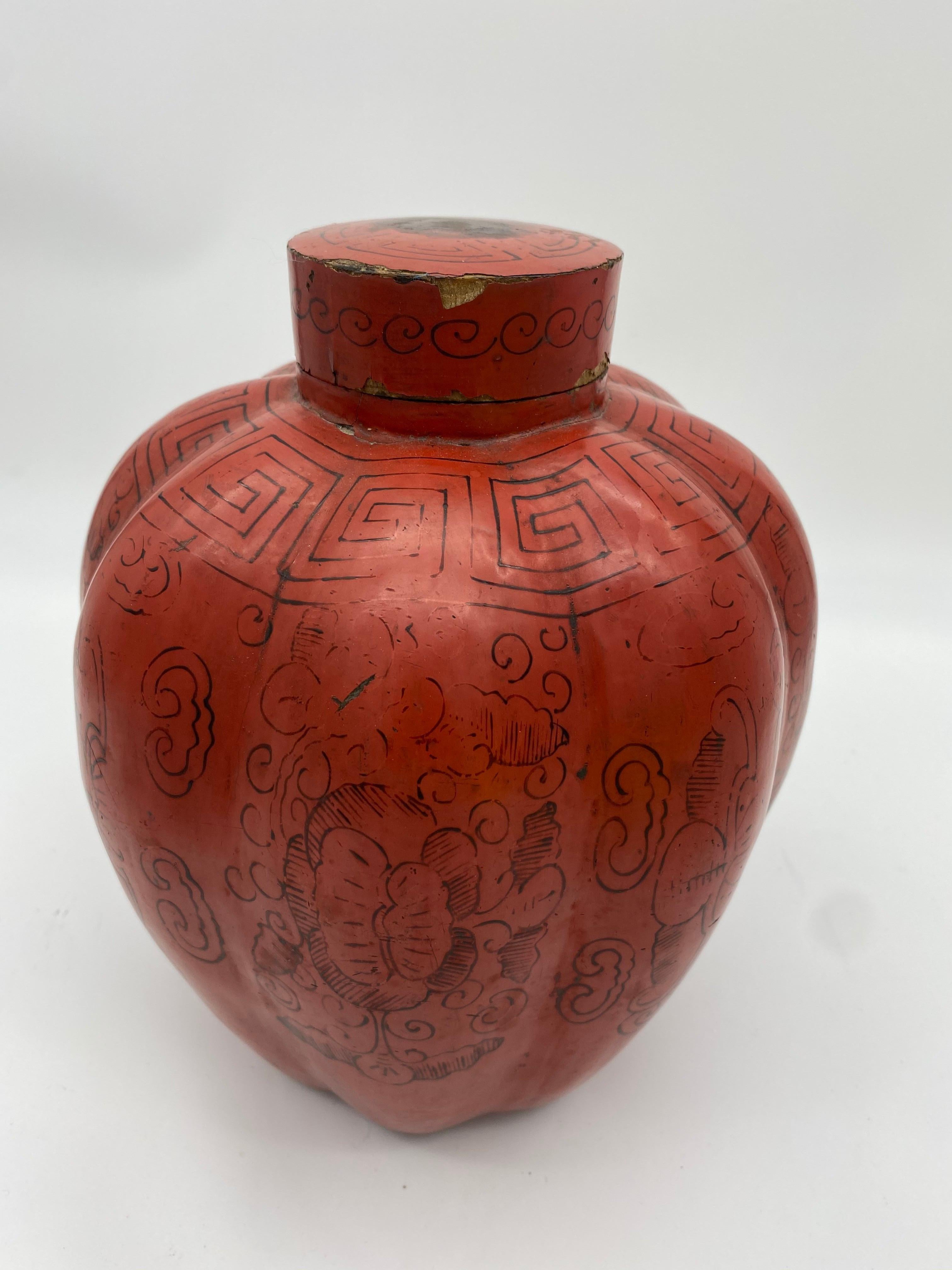 Qing 19th Century Chinese Red Lacquered Melon Vessel with Lift Cover For Sale