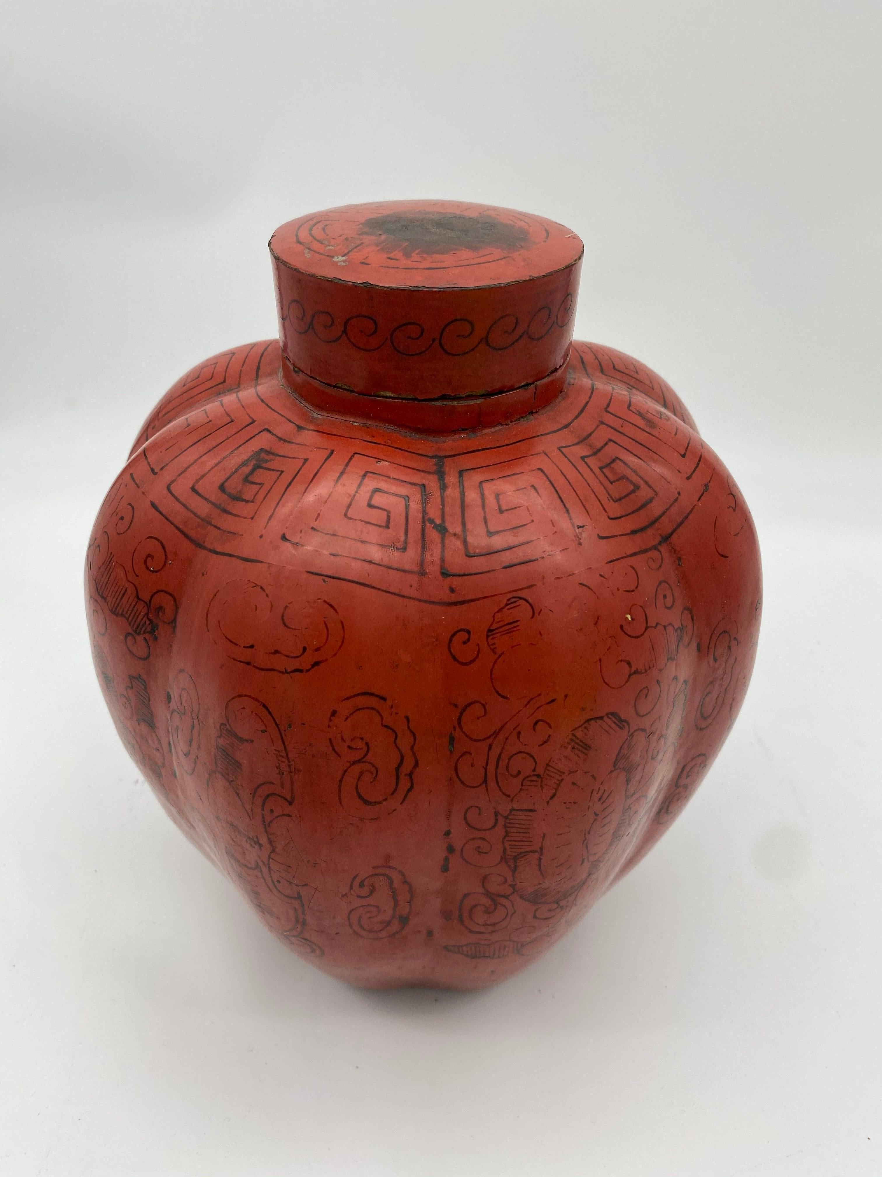 Carved 19th Century Chinese Red Lacquered Melon Vessel with Lift Cover For Sale