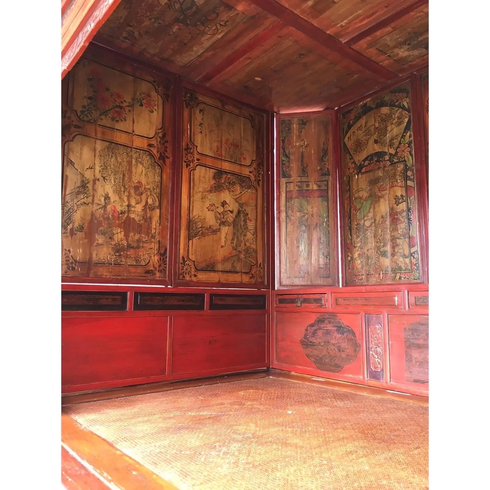 Hand-Carved 19th Century Chinese Red Lacquered Opium Canopy Bed For Sale