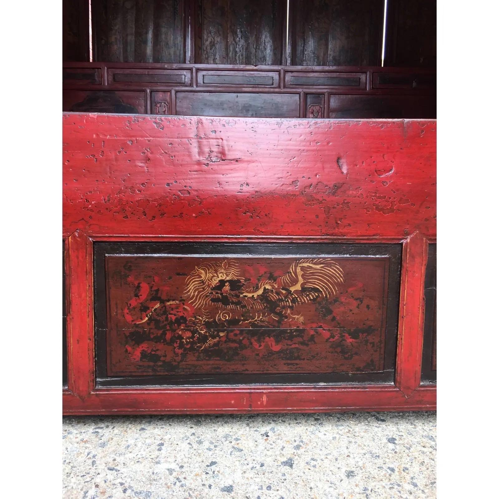 19th Century Chinese Red Lacquered Opium Canopy Bed In Good Condition For Sale In Richmond, VA